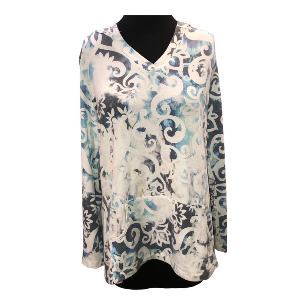 Soft Surroundings Blue and White Swirl Long Sleeve Hoodie V-neck Top Size L